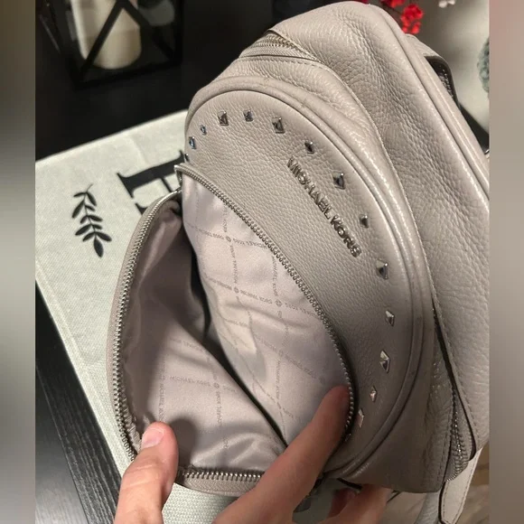 MICHAEL KORS Abbey Medium Grey Studded Pebbled Leather Backpack - Picture 10 of 16